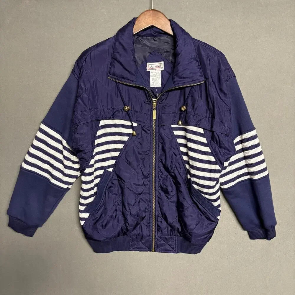JANEVE Bomber Jacket Navy Blue White Striped Women's‎ Vintage 90s - Picture 1 of 12